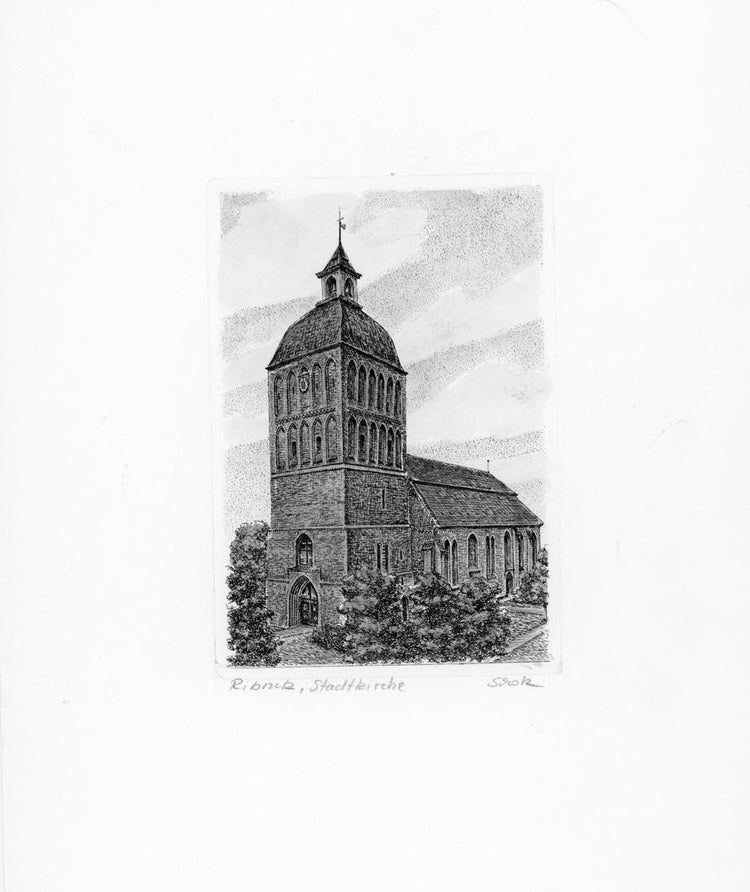 Radierung - Ribnitz Stadtkirche - Willy Scholz - 20 x 25cm